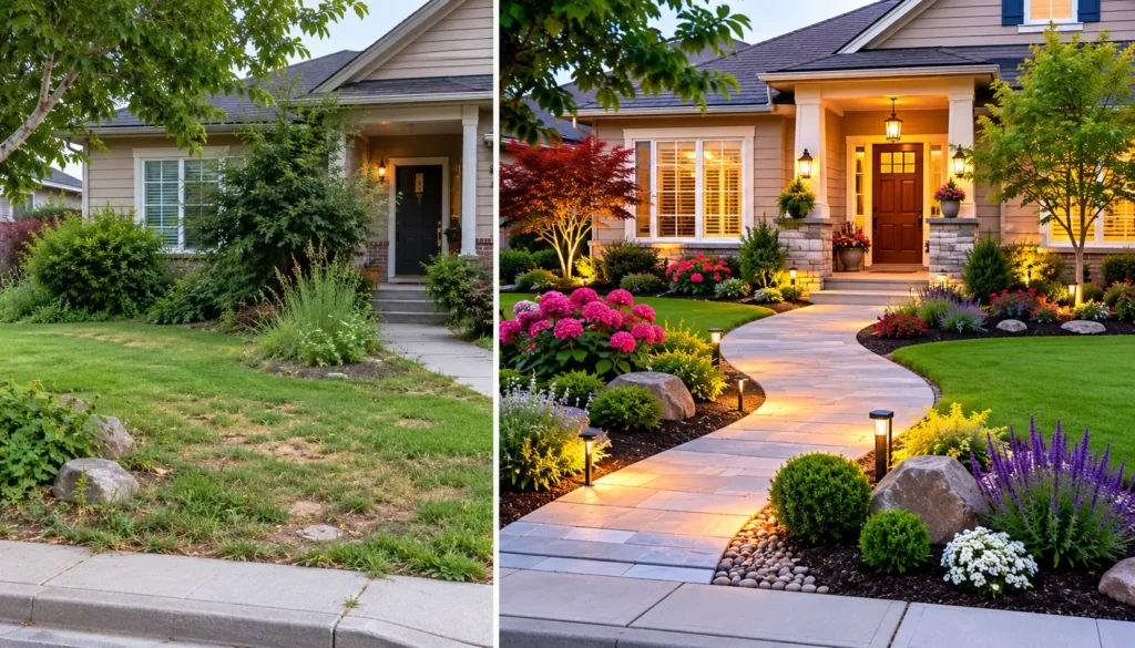 How to Landscape a Front Yard in a before-and-after split-screen showing an overgrown front yard transformed into a beautiful landscaped entrance with mulch beds, flowering shrubs, and a stone path.