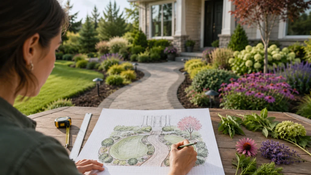 Create a DIY Front Yard Landscape Design Homeowner drawing a DIY front yard landscape design on graph paper beside the property.