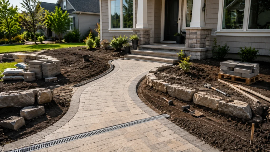 DIY Front Yard Landscaping Hardscape Installation DIY front yard landscaping hardscape with a walkway, garden edging, steps and drainage.