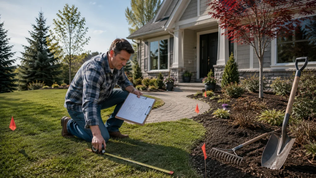DIY Front Yard Landscaping Site Assessment Homeowner completing a DIY front yard landscaping site assessment with a measuring tape and property plan.