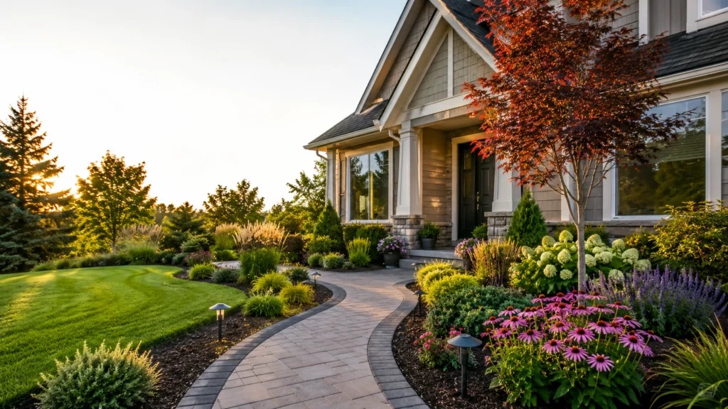 Beautiful DIY front yard landscaping transformation with a curved walkway, shrubs, flowers and mulch.