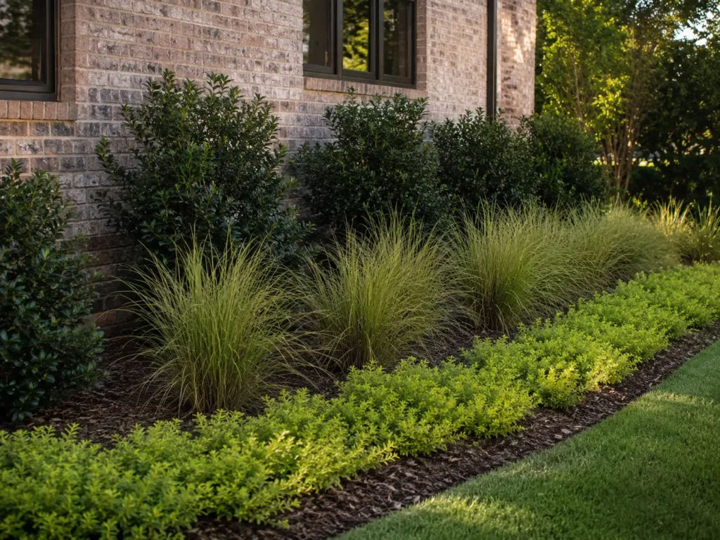 Foundation Planting Layers in a Front Yard Layered foundation planting with evergreen shrubs, grasses, and groundcover