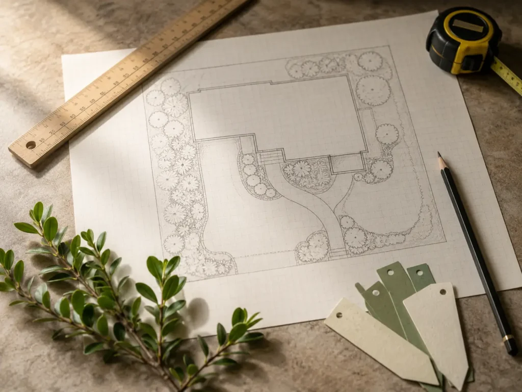Hand-drawn front yard landscape plan on graph paper with ruler and pencil