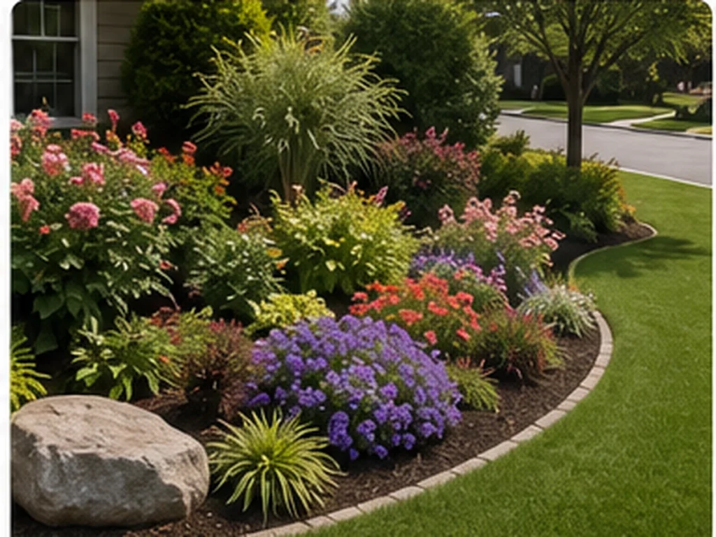 Front Yard Landscape Plant Layering and Mass Planting Colourful front yard garden with layered shrubs, ornamental grasses, flowering perennials and repeated plant groups