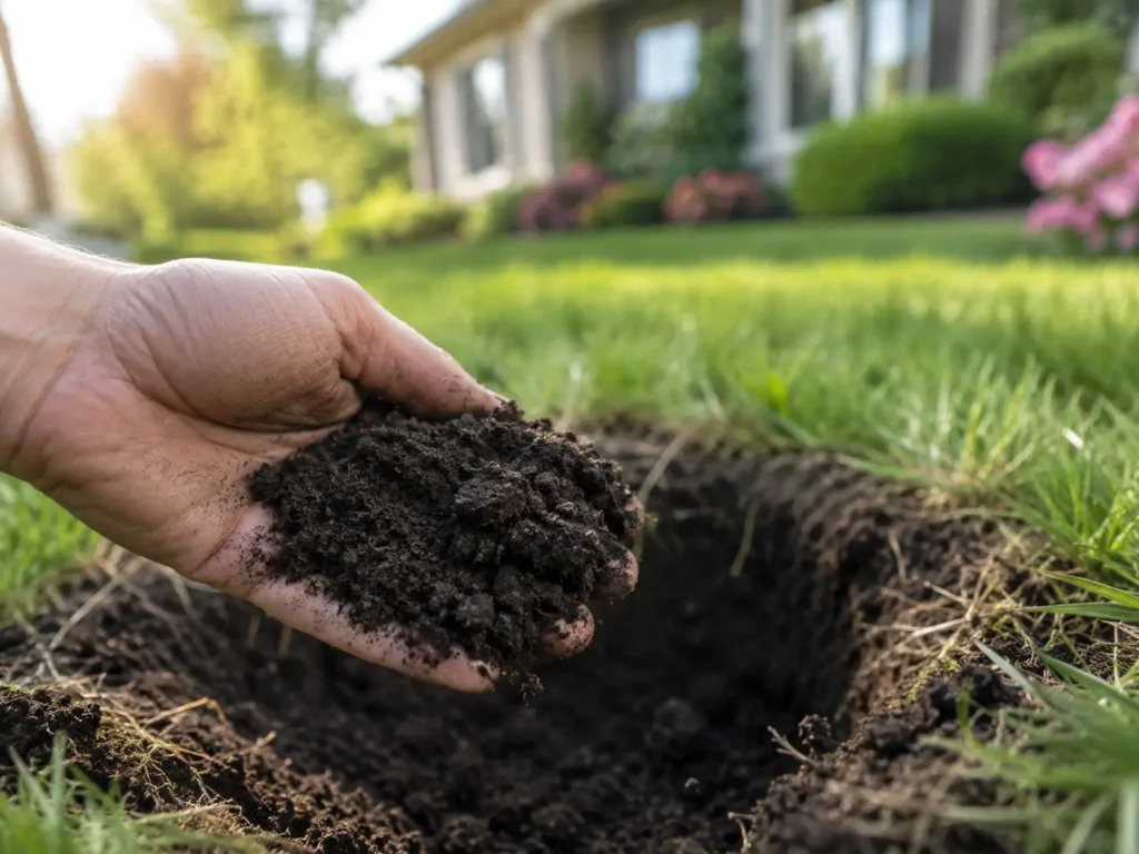Front Yard Soil and Drainage Test Soil sample held above a drainage test hole in a front yard