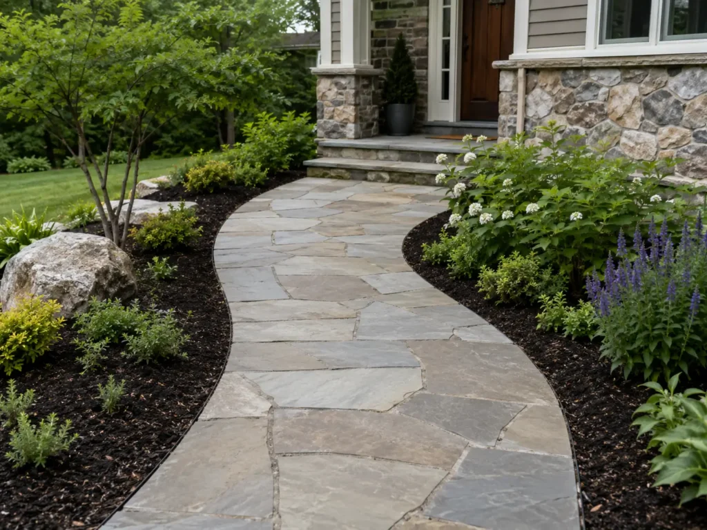 Front Yard Walkway and Hardscape Design Five-foot-wide flagstone front walkway curving toward a house entry