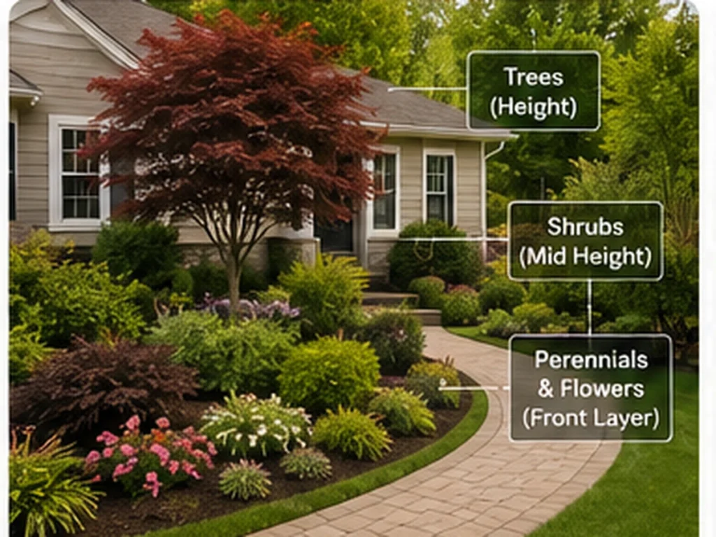How to Arrange Front Yard Landscaping Around a Walkway Layered trees, shrubs and flowering plants demonstrating how to arrange front yard landscaping beside a walkway