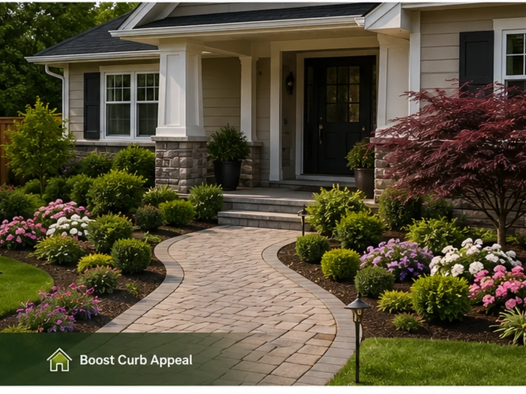 Professionally arranged front yard landscape with a clear walkway, layered garden beds, balanced shrubs and a welcoming entrance