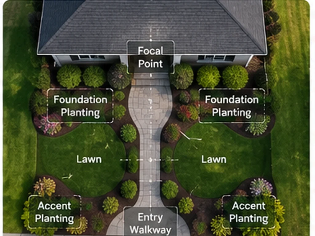 How to Layout Front Yard Landscaping Front yard landscape layout plan showing a focal point, entrance walkway, lawn and foundation planting areas