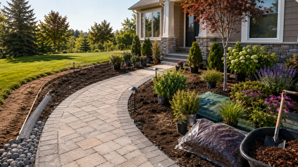 Install DIY Front Yard Landscaping in the Right Order DIY front yard landscaping installation with hardscape, trees, shrubs, flowers, mulch and lighting.