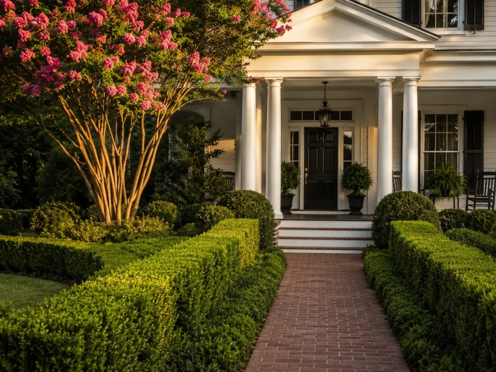 Traditional Southern Front Yard Landscape Design Traditional Southern front yard with boxwood hedging and a brick walkway