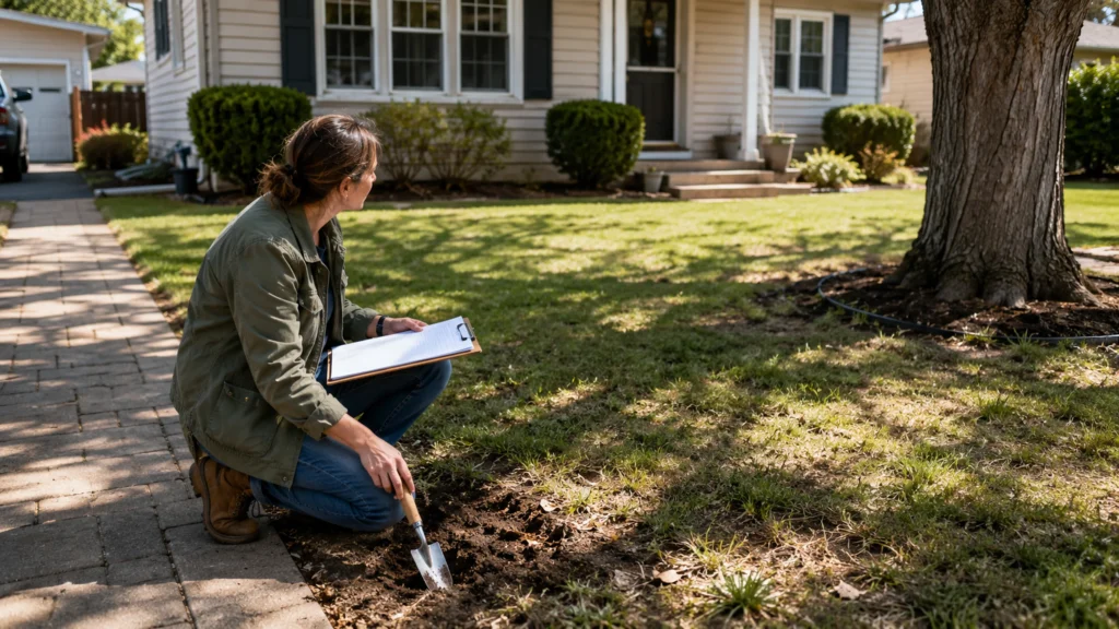 Assessing a Front Yard Before Landscaping Homeowner assessing sunlight, soil, shade, drainage, and existing features before creating a front yard landscape plan.