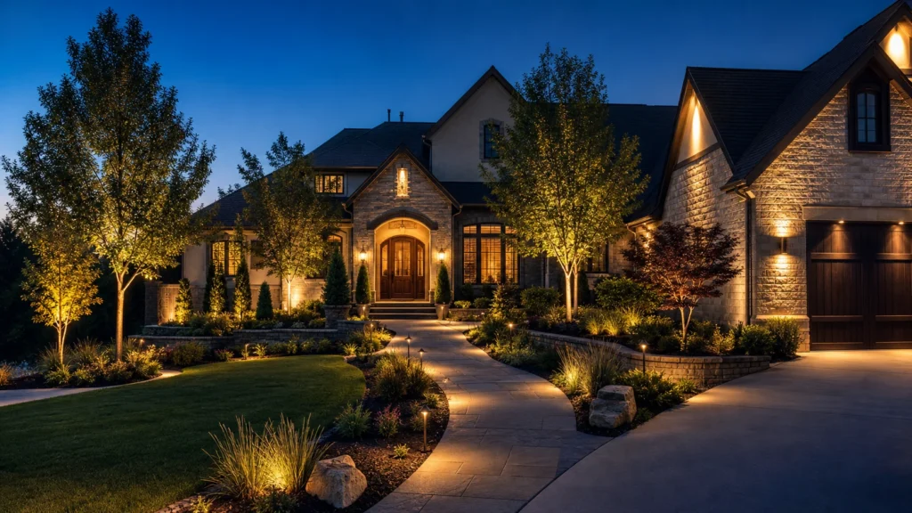 Front yard landscape lighting ideas featuring warm LED pathway lights, tree uplighting, garden lighting, architectural accent lights, driveway lighting, and an illuminated front entrance.