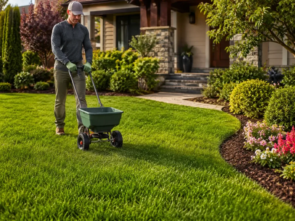 Homeowner safely applying lawn insecticide in front yard landscaping beside protected garden beds.