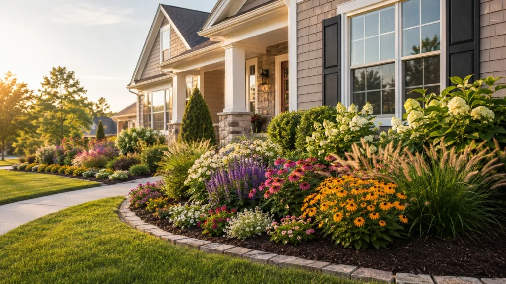 Front yard flower bed ideas with layered flowering perennials, shrubs, ornamental grasses, mulch, edging, and beautiful landscaping in front of a house.