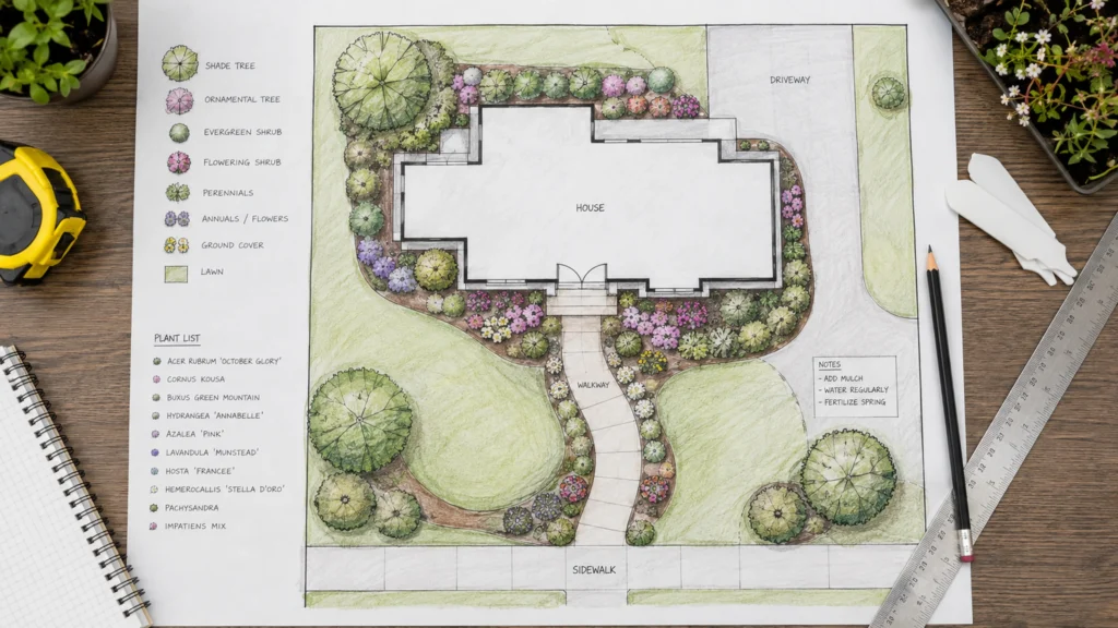 Creating a Front Yard Landscape Plan Overhead view of a front yard landscape plan with a house, walkway, curved planting beds, measuring tape, pencil, and plant markers.