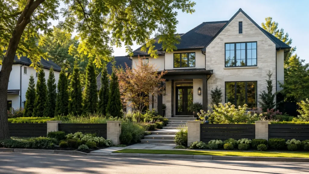 Front yard landscaping for privacy with evergreen shrubs, privacy trees, ornamental grasses, and a low fence