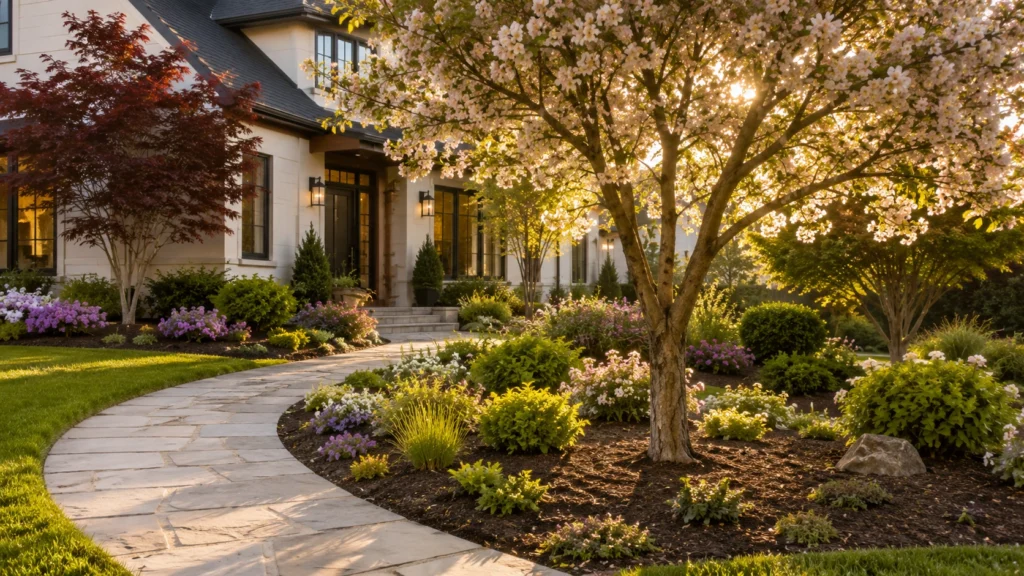 Front yard landscaping with ornamental trees, flowering tree, Japanese maple, shrubs, perennial beds, mulch, and walkway around a modern home.