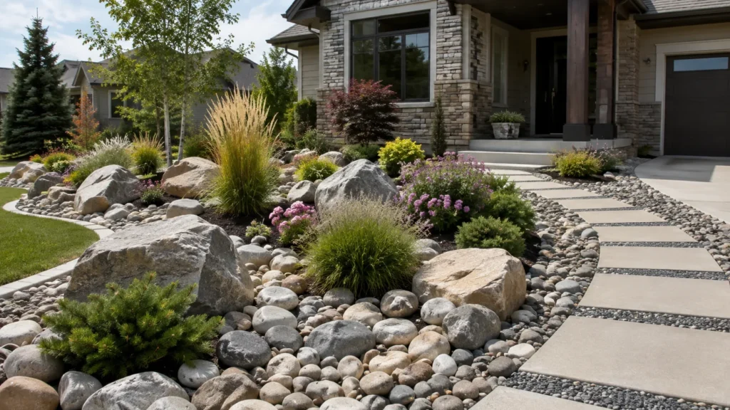 Front yard landscaping with rocks featuring river rock landscaping, decorative stone flower beds, large boulders, ornamental grasses, shrubs, and a modern walkway.