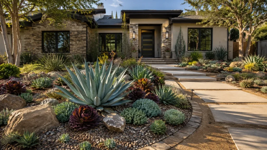 Front yard landscaping with succulents featuring Agave, Aloe, Echeveria, Sedum, decorative gravel, natural rocks, and a modern garden pathway.