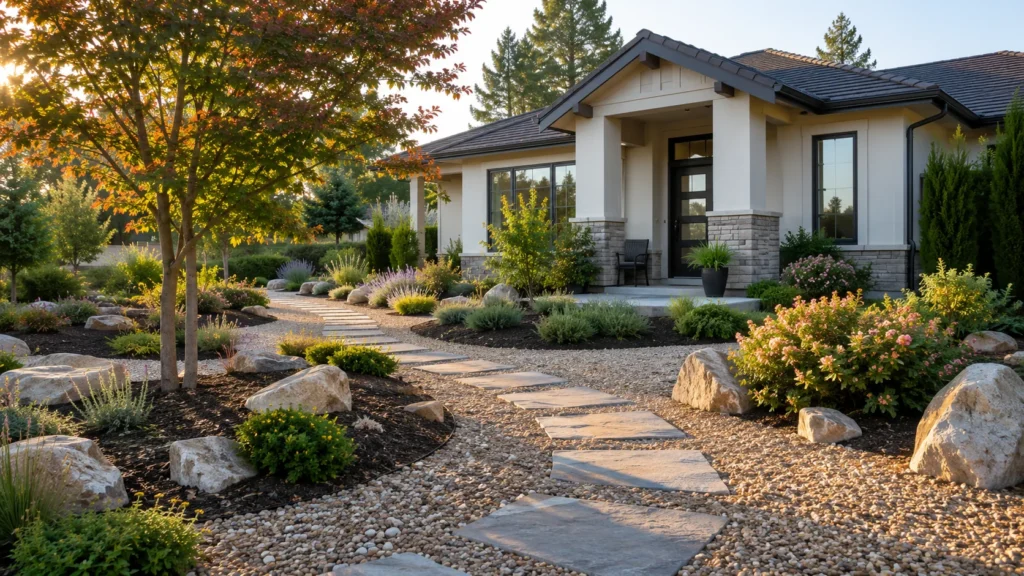 Front yard landscaping without grass featuring a gravel walkway, native plants, flowering perennials, natural stone, shrubs, and a low maintenance no lawn design.