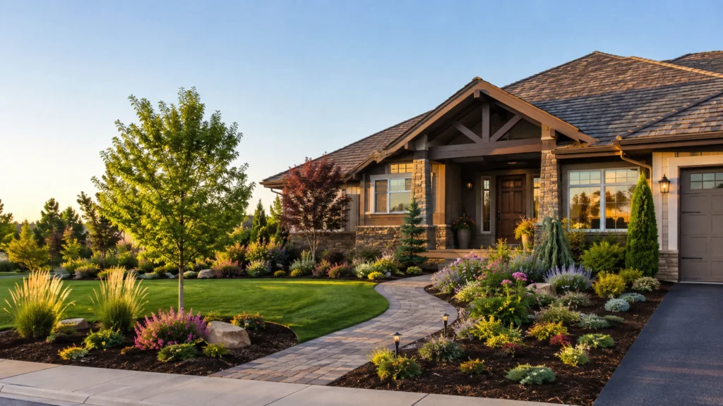 Front yard makeover with healthy lawn, layered shrubs, landscaped garden beds, paver walkway and improved curb appeal.