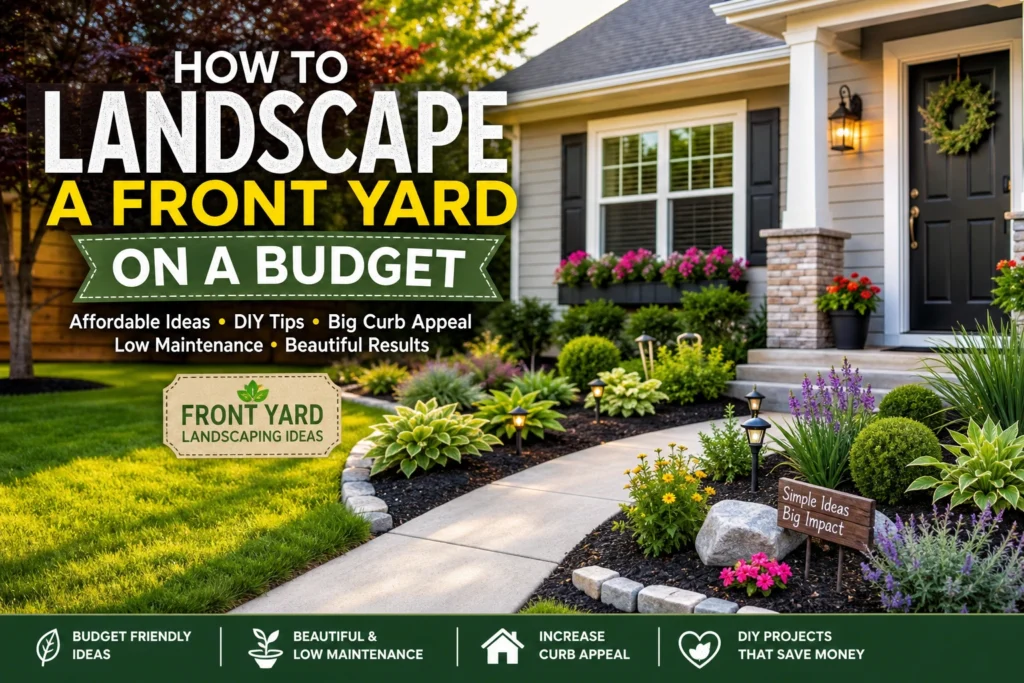 How to landscape a front yard on a budget with affordable plants, mulch, pathway, and curb appeal improvements