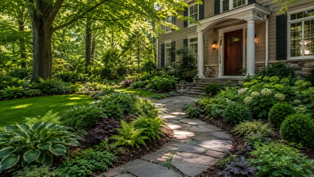 How to landscape a shady front yard with shade tolerant plants, layered garden beds, ferns, hostas, hydrangeas, and a welcoming front walkway.