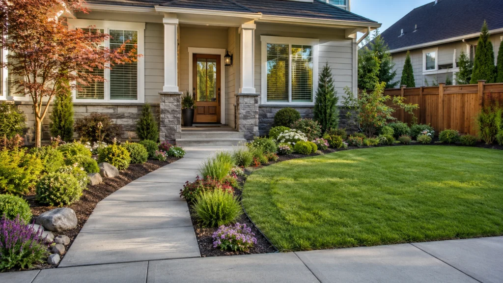 Small front yard landscaping with a walkway, compact shrubs, ornamental tree, colorful plants, mulch, rocks, and low-maintenance garden beds.