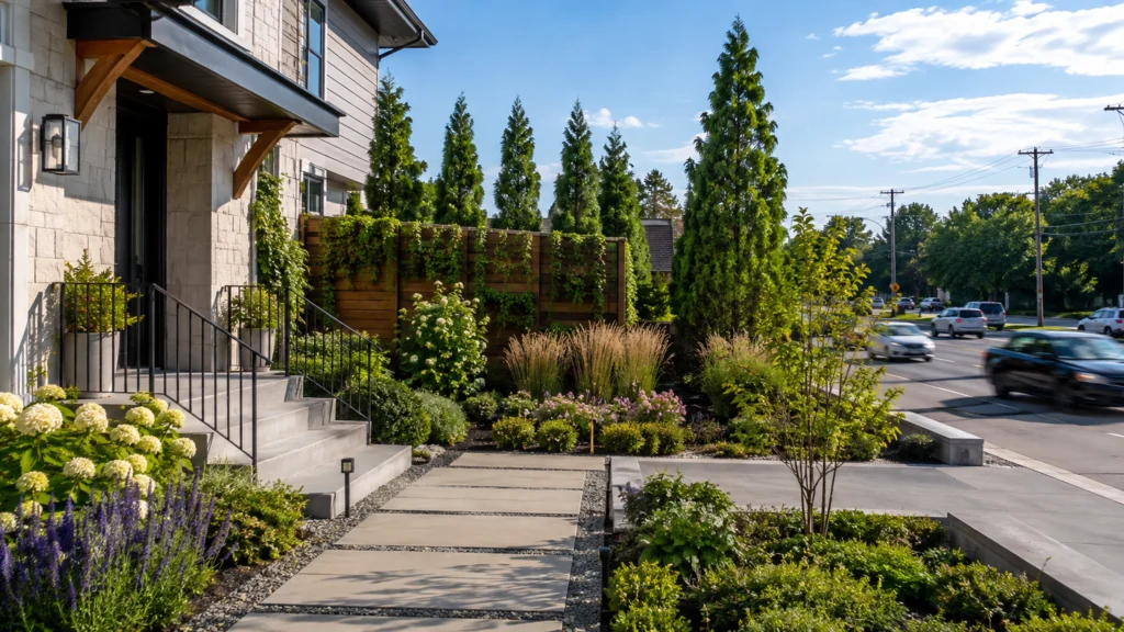 How to landscape a front yard on a busy street with privacy trees, layered shrubs, evergreen screening, fence landscaping, and attractive curb appeal