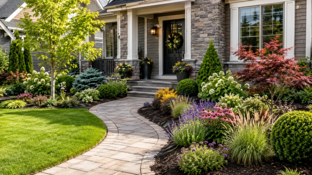 Beautifully planted front yard landscape with layered shrubs, flowers, ornamental grasses, a small tree, and a walkway leading to the front door.