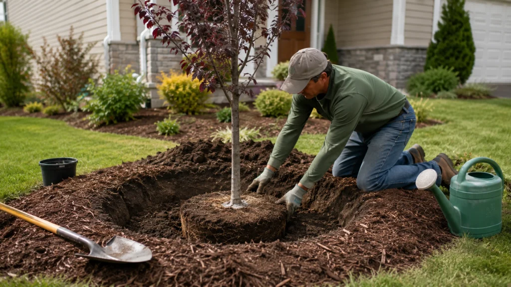How to Plant a Tree in a Front Yard Landscape Gardener planting a young ornamental tree in a wide hole with the root flare level, loose soil, and mulch kept away from the trunk.