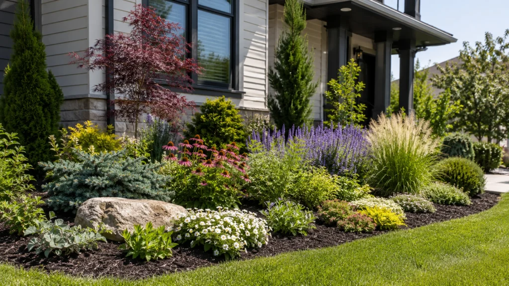 Layered Front Yard Plants by Mature Height Layered front yard plants with a small ornamental tree, evergreen shrubs, flowering perennials, ornamental grasses, and low ground covers.