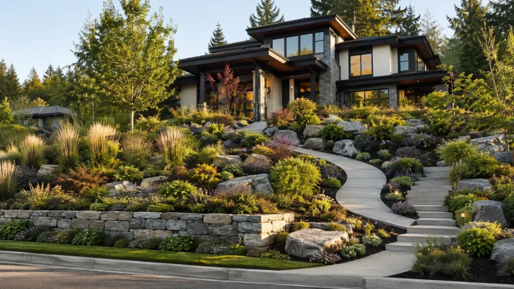 Sloped front yard landscaping with terraced garden beds, retaining walls, landscape steps, ground covers, shrubs, ornamental grasses, and natural stone on a steep hillside.