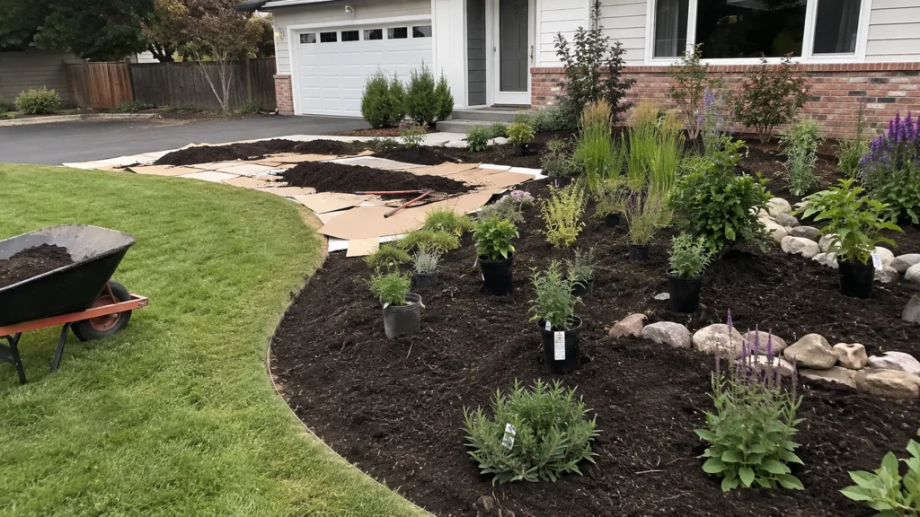 How to Turn a Front Lawn Into a Garden Front lawn being converted into a garden with curved planting beds, sheet mulching, compost, native perennials, shrubs, and ornamental grasses.