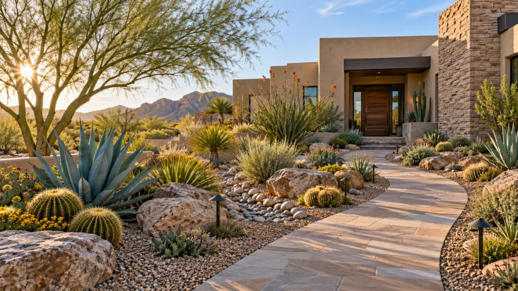 Desert front yard landscaping ideas with agave, cactus, desert grasses, gravel, boulders, and drought tolerant xeriscaping.