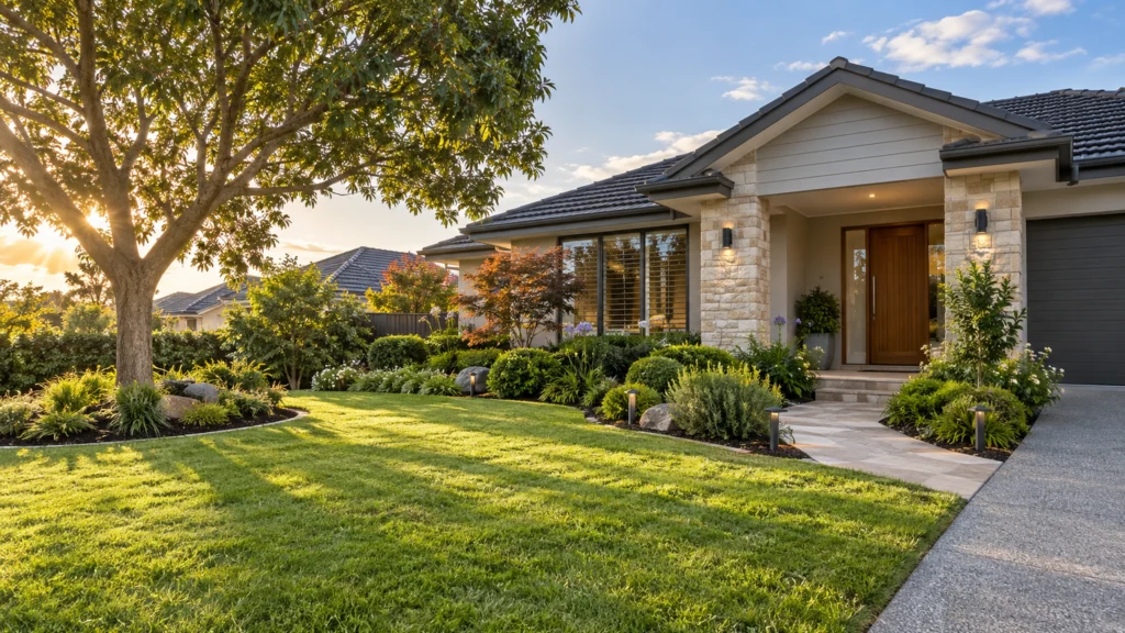 Landscaped front yard with lawn, trees, shrubs and walkway showing how landscaping can increase home value and curb appeal