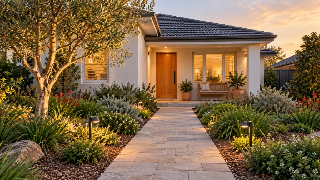 Welcoming front yard with a paved path, layered garden beds, warm lighting and a timber front door.